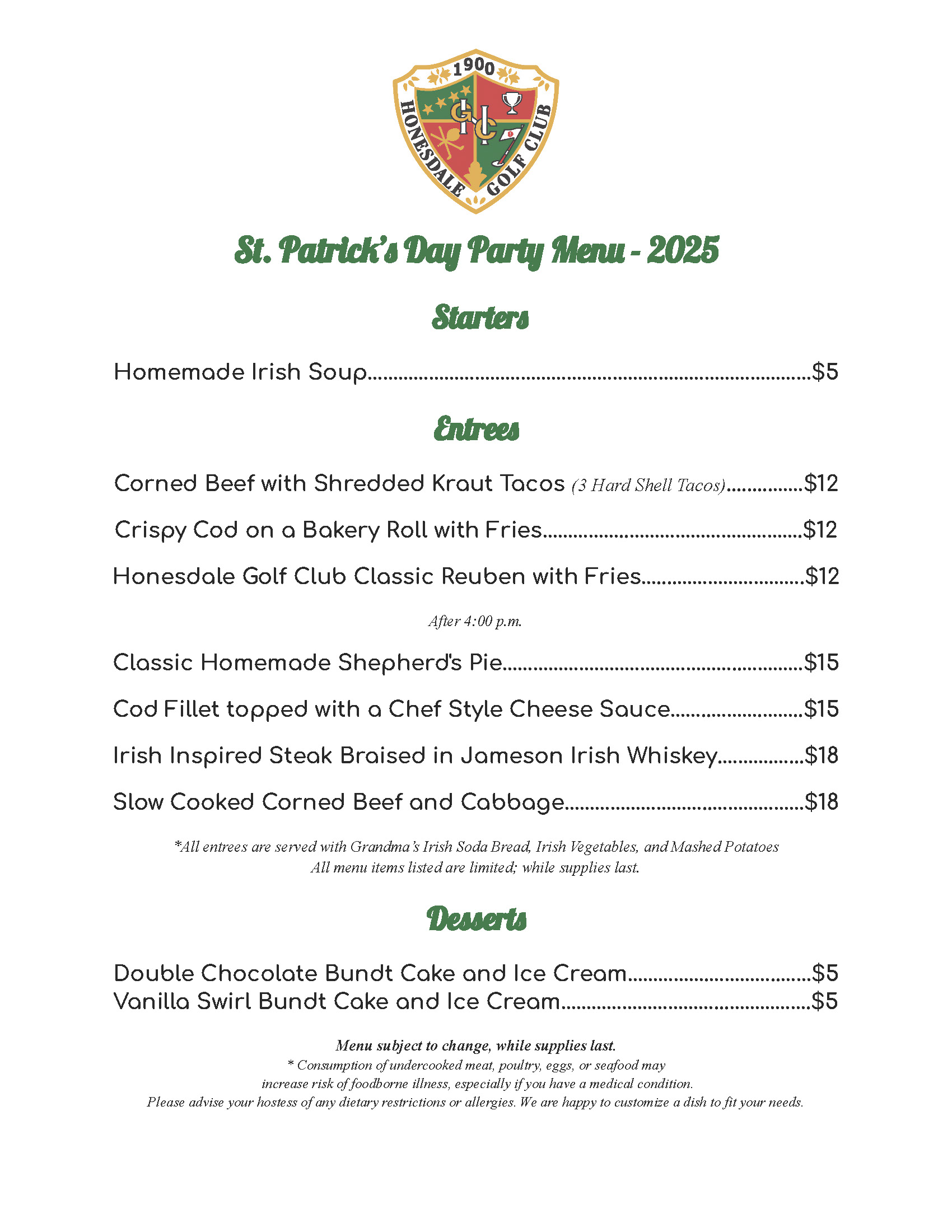 HGC Special Menu St Patricks Day 2025